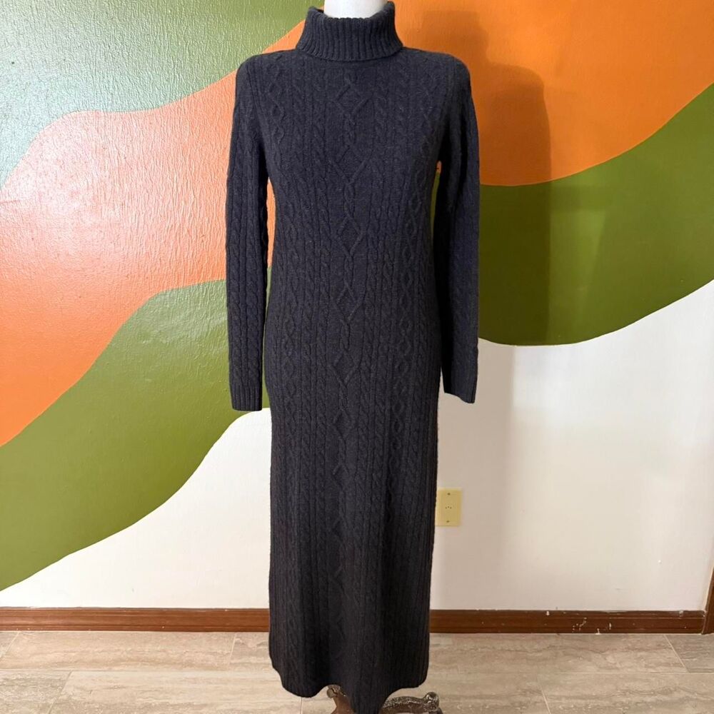 Ralph Lauren Cable Knit Turtleneck Maxi Sweater Dress Wool Cashmere Grey Sz P/P